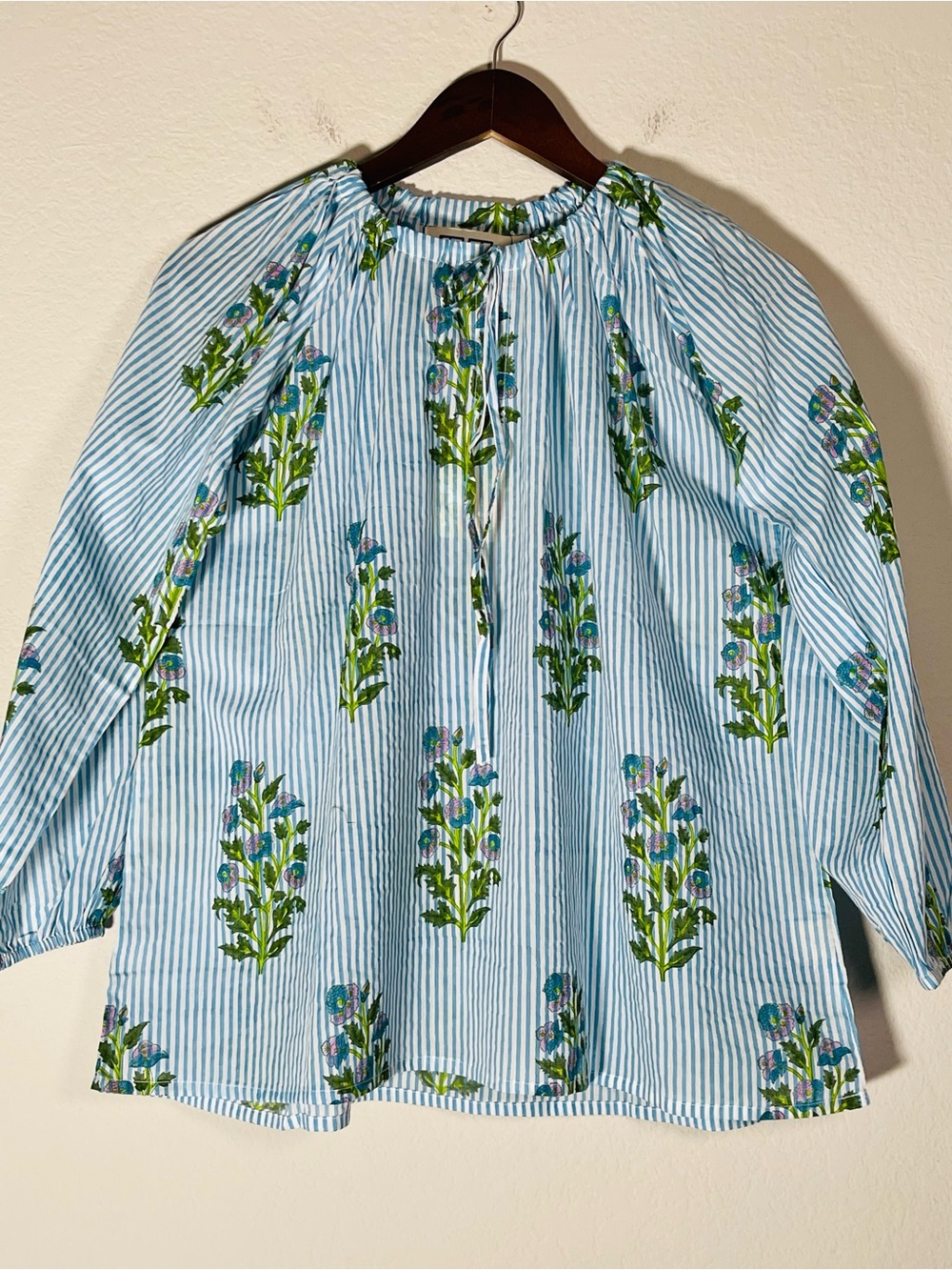 SZ Cornflower Blue Aneeza Print & Thin Stripe IDA Floral Blouse Top NWT Small - Picture 2 of 12